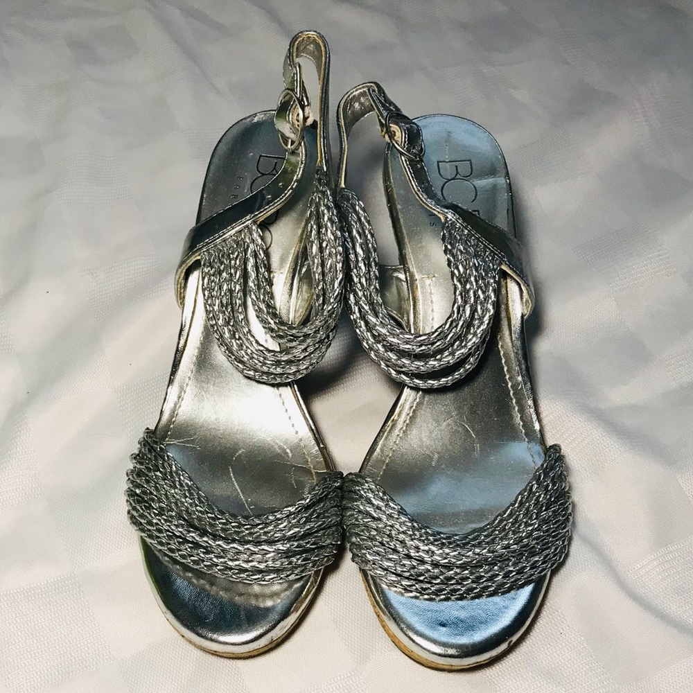 BCBG Paris Silver Strappy Wedges